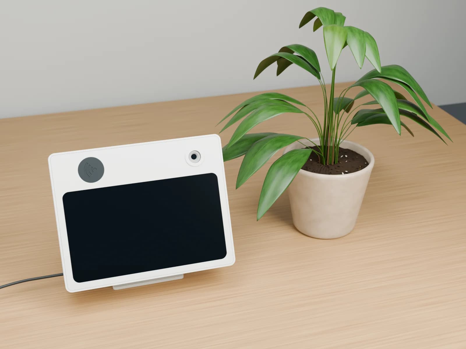 Rendering of the Neoffice kiosk on its desk stand, showing its screen and badge area.
